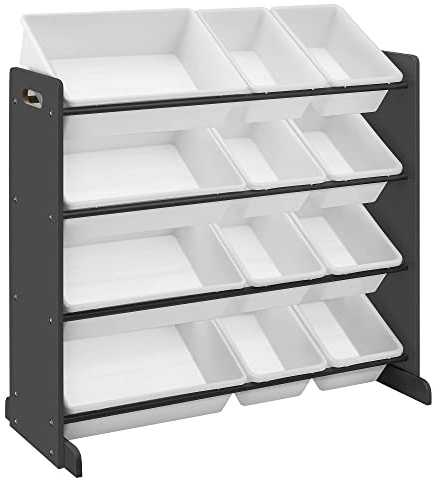 SONGMICS Kinderzimmerregal, Spielzeug-Organizer, Standregal für Kinder, mit 12 Aufbewahrungsboxen aus PP-Kunststoff, Kinderzimmer, Schule, Kindergarten, 86 x 26,5 x 78 cm, dunkelgrau-weiß GKR04GY