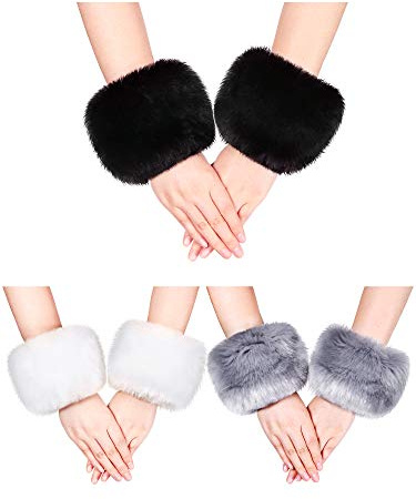 Hicarer 3 Pairs Women Winter Wrist Warmers Faux Fur Cuff Warmers Arm Leg for Women Winter Favors