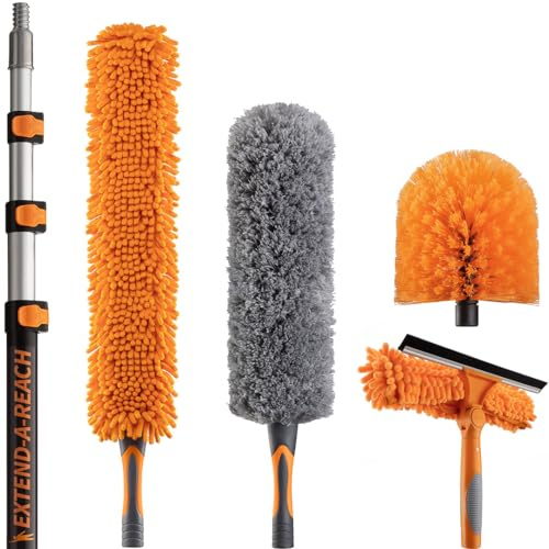6.1m (20 ft) High Reach Duster Kit with 1.2-3.7m (4-12 ft) Extension Pole // High Ceiling Dusting & Window Cleaning Kit with Telescopic Pole // Squeegee, Cobweb Brush, Fan Blade and Feather Dusters