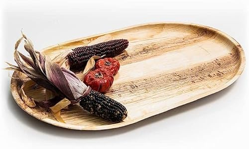 Canape King 10x Disposable Palm Leaf Serving Trays - Oval Large (41.5 x 27.5 cm) Wooden Serving Platters - 100% Biodegradable and Eco-Friendly Charcuterie Board for Wedding, Party & Picnic
