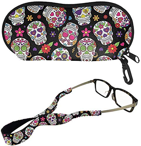 SEANATIVE Brillenetui-Set für Frauen und Mädchen, ultraleicht, weiches Etui mit Gürtelclip, Brillenband-Halter, 2 Stück Gr. 1, Schwarzer Totenkopf