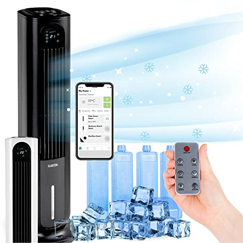 Klarstein Polar Tower Smart Climatizador Evaporativo – 4 en 1: Ventilador, Humidificador & Purificador, Control App & Alexa, Depósito 7L, 3.306 m³/h, Modo Noche, Portátil con Ruedas, Negro