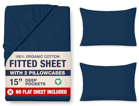 LANE LINEN Fitted Sheet Double – 100% Organic Cotton, Bottom Sheet with 2 Pillowcases, Soft & Breathable, 35 cm Deep Pocket, All-Around Elastic - Navy