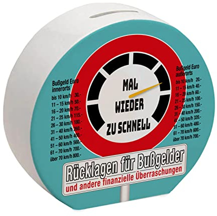 Zu schnell gefahren Bußgeld Spardose in türkis mit Straßenschild Motiv um für einen Strafzettel zu sparen für den Führerschein mit Bußgeldkatalog für Autofahrer