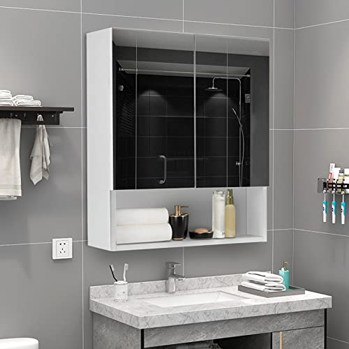 TUKAILAi 2 Doors Bathroom Mirror Cabinet, White Wall Mounted Cabinet with Open Shelf Double Mirrors Storage Cabinet for Bathroom Washroom