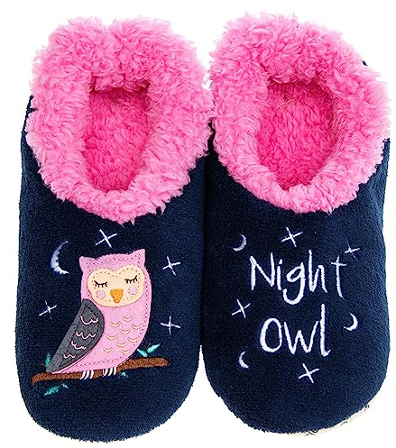 Snoozies! Pairables Dam supermjuk sherpa fleece, halkfri sula, damtofflor - nattuggla, BLÅ, Small