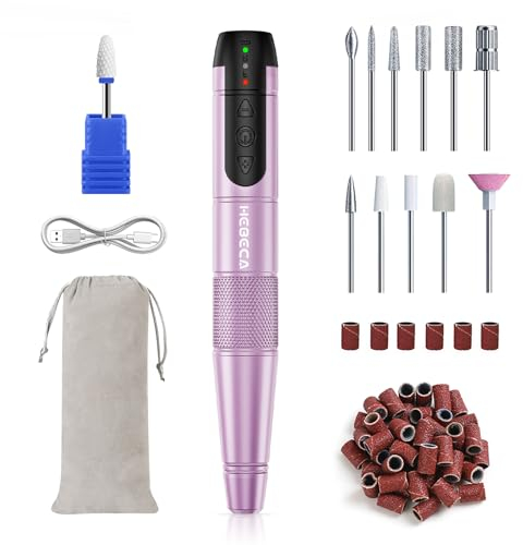 HEBECA Elektrische Nagelfraser Kabellos für Gelnägel 12 in 1 Maniküre Pediküre Set Elektrisch Akku for Naturnägel Acrylnägel Starterset Heimgebrauch (Grau) (Rosa)