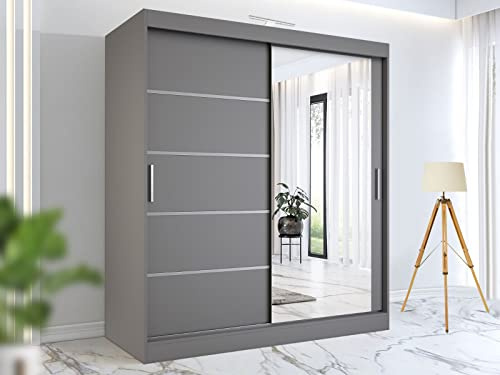 RAC3 Wardrobes for Bedroom with Mirrored Sliding Door & LED Light Premium Wardrobe Storage with Sleek Design comes in Colours Black/White/Grey/Oak- Different Sizes from 120cm - 250cm (Grey, 150cm)