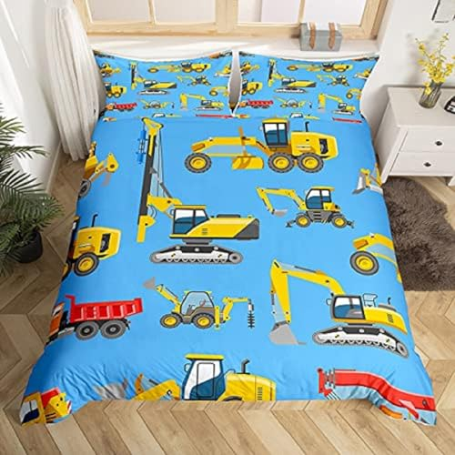 Technisches Fahrzeug Bettwäsche 200x200cm, 3Tlg Bettbezüge Set Bagger-Bau-LKW-Transporter 3D Motiv mit Reißverschluss und 2 Kissenbezüge 80x80cm,Microfaser Kinderbettwäsche ÖKO-TEX für Allergiker
