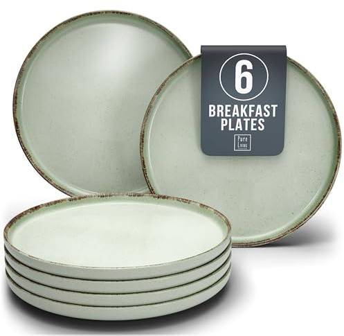 Steingut Frühstücksteller 6 Personen Rustic TESTSIEGER, Hochwertiges Landhaussttil Steingut Dessertteller Set, Kleine Teller, Salatteller - Pure Living in Mintgrün