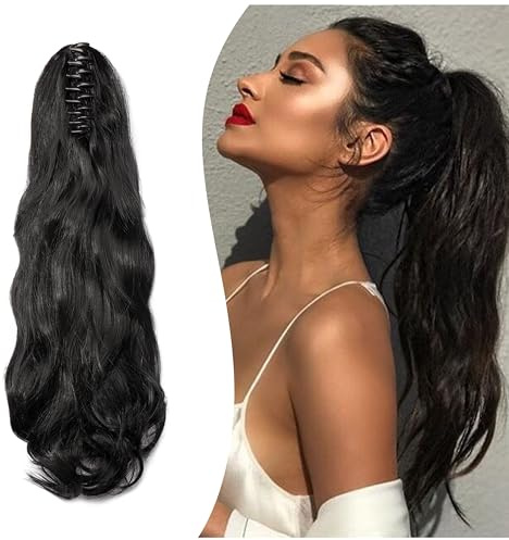 Gairyan 50 cm hästsvans, hårdel, flätförlängningar, långa lockiga Claw Clip i Ponytail Extensions, syntetiskt hår, förlängningar, vågig, hårdel, hårförlängning för kvinnor (svart)