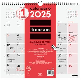 Finocam - Calendario Neutro de Pared para Escribir 2025 Mes Vista Enero 2025 - Diciembre 2025 (12 meses) Español