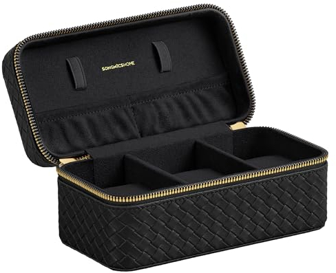 SONGMICS HOME Uhrenbox unterwegs, Etui für 3 Uhren, PU im Flechtlook, 10 x 20 x 9 cm, Geschenkidee, RONNE Kollektion, weihnachten, Bezug in Schwarz, Innenfutter in Schwarz JWB017B01