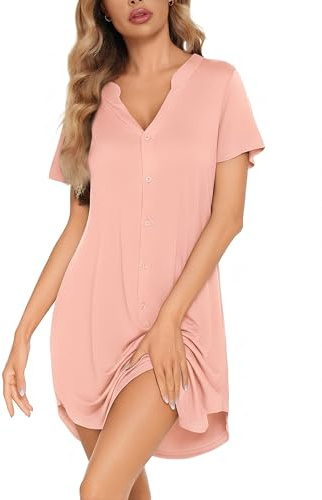 Irdcomps Camicia Notte Donna Estiva Cotone Maniche Corte Camicie da Notte Bottoni con Scollo a V Pigiama da Notte Vestito da Notte Corta Rosa L