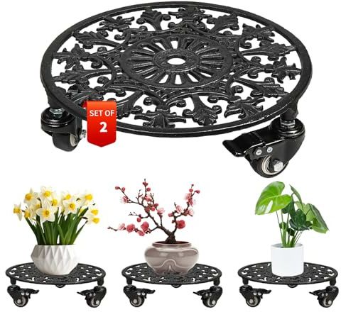 GARGENTOL Rolling Plant Stand with Wheels, 2 Pack Heavy Duty Metal Plant Caddy 11 Inch Wrought Iron Plant Dolly Outdoor Round Plant Rollers Stand for Large Potted Plants and Flower Pot, Black