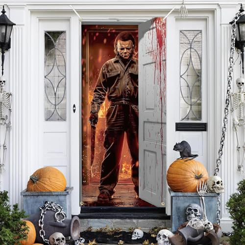 Halloween Banner Decorations - Classic Movie Character Door Cover for Horror Birthday Party, Scary Photo Background Banner