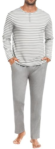 Marvmys Comodo Pigiama da Uomo in Cotone Set Pigiama con Bottoni a Righe Pantaloni del Pigiama Elasticizzati Regolabili Pigiama da Casa a Maniche Lunghe Grigio Chiaro XL