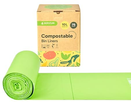 Biofuture 10L Biodegradable Bin Liners | Compostable Food Waste & Food Caddy Bags | EN13432 Certified Green Bin Bags for Food Waste & Recycling (75 Liners, 10L)