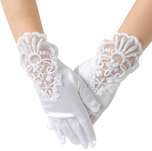 SMELEYOU Hochzeitsblume Girls Handschuhe Brautjungfer Kind kurze Satinhandschuhe Kinder Fancy Kostüm Prinzessin Handschuhe für Kommunion Weiß, Mädchen 1-33 Jahre alt