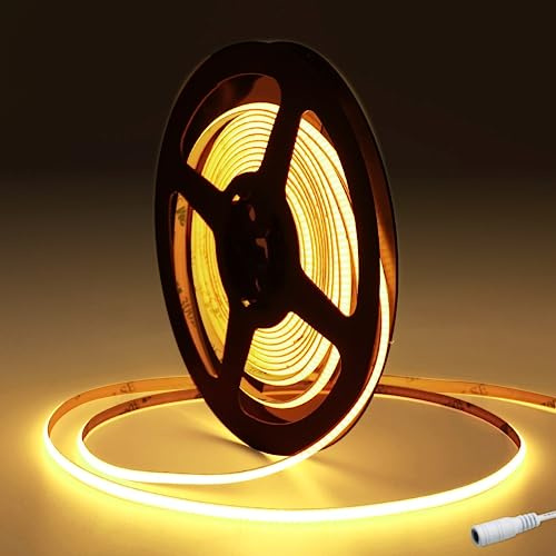 JBdusn 12V COB LED-remsa 3000K, 5m flexibel högdensitets 5mm bred lysrör ljusband 320LED/m klippbar ljustejp självhäftande för sovrum och kök gör-det-själv-belysningsprojekt (utan strömförsörjning)