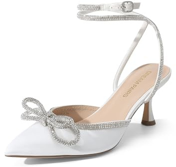 DREAM PAIRS Tacones de gatito con diamantes de imitación y correa al tobillo, puntiagudos, punta cerrada, zapatos de vestir para boda, fiesta de novia, Blanco, 40 EU