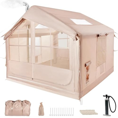Vakiorn Tienda de campaña Hinchable de 2,5 m con Apertura de Chimenea y claraboya, Tienda de casa de Exterior Tienda para 2-6 Personas con Bomba de Aire, Tejido Oxford, 4 Estaciones, Impermeable