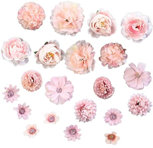MUNSKT 21 Pcs Artificial Flower Heads Crafts, Reusable Fake Flower Decoration, for Wreaths, Weddings Parties Garden Decor Cake Embellishments & DIY Crafts Hair Accessories (Pink)
