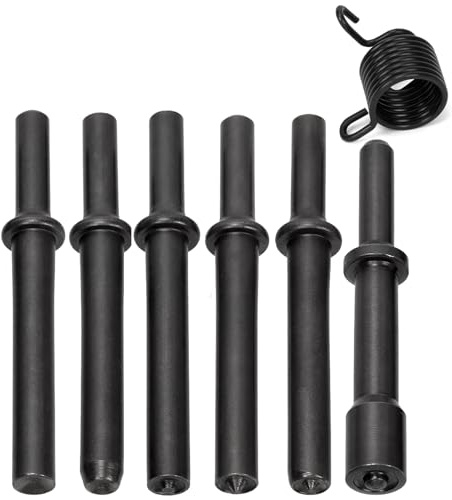 Swpeet 7Pcs Acier au Carbone Lourd Lissage Pneumatique Rivet air Kit d'outils de Marteau Avec le Ressort, Kit d'outils de bit de Rivet de Marteau d'air Pour Rivet Creux Solide Demi Creux