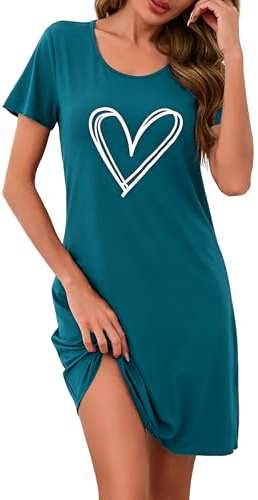 Demegimi Schlafshirt Damen Kurzarm Nachthemd Baumwolle Kurz Herz-Print Sleepshirt Sommer T-Shirt Schlafhemd Frauen Nachtwäsche Schlafkleid