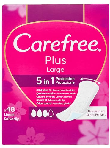 Carefree Salvaslip Plus Large sans parfum, protège-slip femme extra large avec protection 5 en 1 pour 8 h de sensation de sec, absorbants sans parfum ultra fins pour un usage quotidien, 48