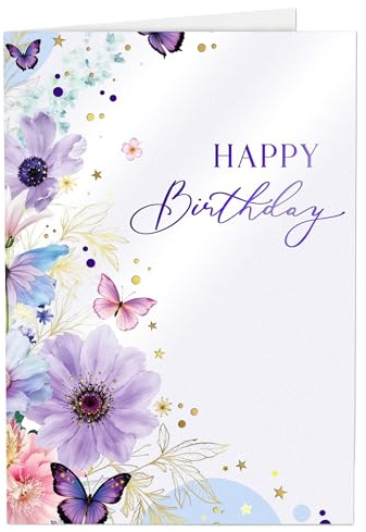 Joli Coon Premium Geburtstagskarte ELEGANT Purple Flowers, mit Kuvert | 300g Perlmuttpapier, Schimmereffekt, Goldveredelung, Fine-Art-Kuvert, Wachssiegel, für persönliche Geburtstagswünsche