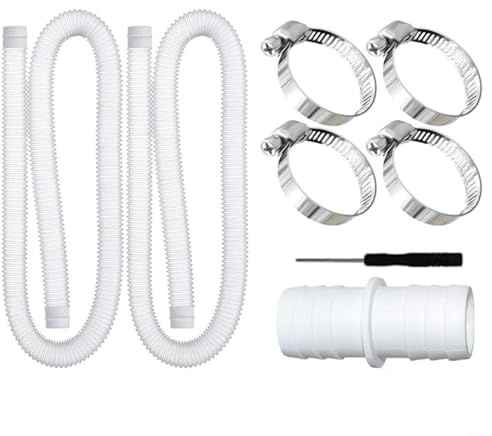 1.5M/1M Poolschlauch Set, PE Kunststoff UV-beständig & knickfrei mit 4 Edelstahlclips & Verbindungsstück, für Poolreinigung/Gartenbewässerung (2 Schläuche + Zubehör, Werkzeug im Lieferumfang enthalten