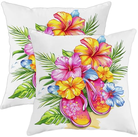 Set di 2 federe per cuscini con fiori tropicali, ibisco pesca e fiori colorati, decorazione estiva quadrata per la casa, divano, letto, 71 x 71 cm