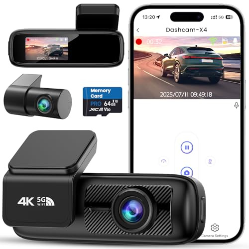 DEALAZOT Dash Cam Auto 4K+1080P, Telecamera Anteriore e Posteriore, Dashcam Auto con SD 64GB, Wi-Fi 5GHz Controllo tramite App, Visione Notturna, Parcheggio 24H, Sensore G, 170° Grandangolo, WDR (X4)