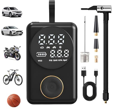 Tragbare Kabellose Elektrische Luftpumpe mit Digitaldisplay, 150 PSI Fahrradpumpe Elektrisch LED-Arbeitsleuchte, USB-C Powerbank Funktion, Akku Luftpumpe für Autos, Motorräder, Fahrräder & Bälle