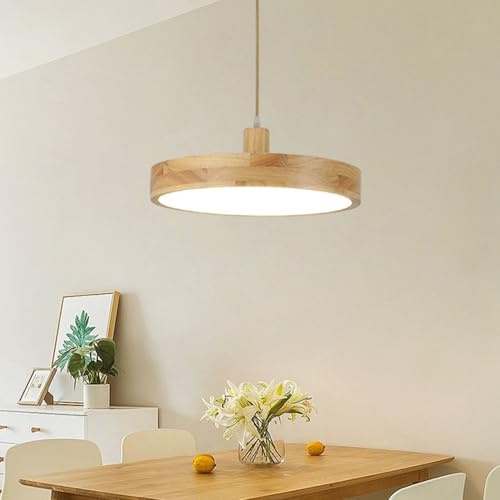 Yuelux Dimmbare LED Pendelleuchte mit Fernbedienung & Höhenverstellbar - Moderne Hängeleuchte aus Holz, Rundes Design für Esszimmer, Küche und Wohnzimmer (Eßtischlampe Natur) (B-Ø40cm)