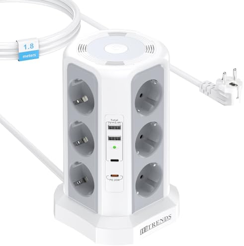 Eluttagstorn, 12 fack flera kontakter, 4 000 W grenuttag överspänningsskydd, bordsuttag med 2 USB A+ 2 USB C (PD 20 W), fördelningsuttag med justerbar nattlampa, 1,8 m (vit)