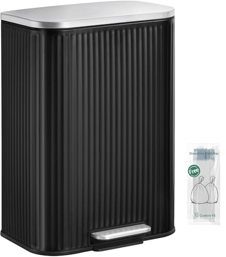 Hzuaneri Mülleimer Küche, 50 Liter Tretmülleimer mit Herausnehmbarem Innenbehälter, Vertikales Streifendesign, Mülleimer mit Soft-Close-Deckel und 15 Müllbeuteln, Edelstahl, Schwarz SW15199B
