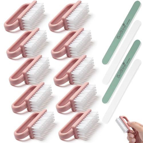 AOOWU 10 Stück Handbürste, Nagelbürste mit 4 Doppelseitige Nagelfeil, Kompakt Kunststoff Finger Bürste, Handwaschbürste mit Griff für Reinigung von Hand Nagel, Staubbürste, Pediküre, Reinigen Schmutz
