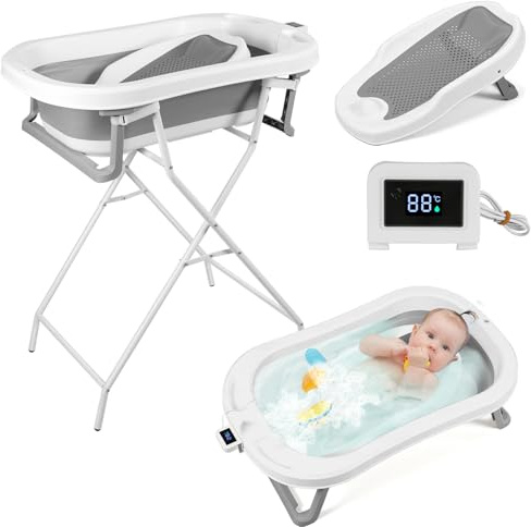 Daromigo Babybadewanne mit Gestell 80 cm hoch, Faltbare Baby Badewanne mit Thermometer,klappbare Badewanne für Babys 0 bis 36 Monate,platzsparend,Grau