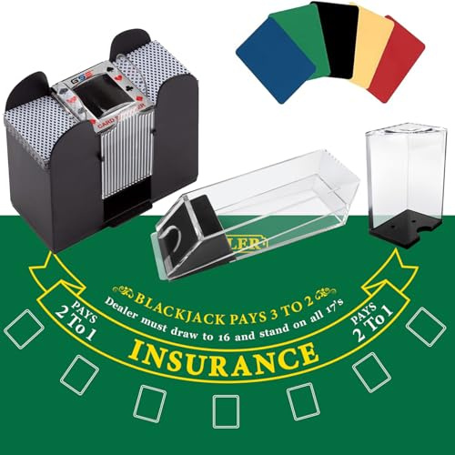 GSE Blackjack Game Combo Set with Blackjack Layout Felt, 6-Deck Automatic Card Shuffler, 6-Deck Dealer Shoe and Discard Holder Tray, 5 Cut Cards. - Great for Family, Casino Game Night