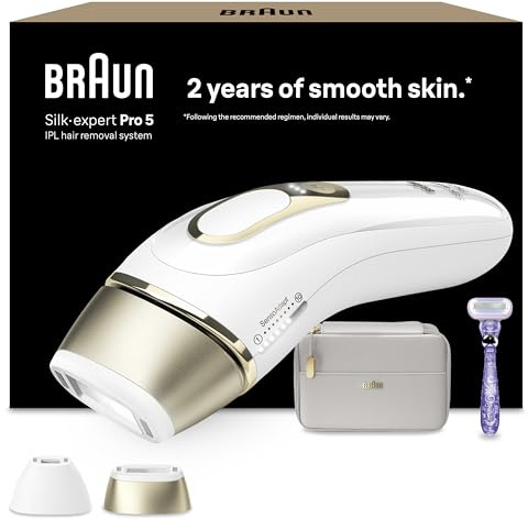 Braun IPL Silk-Expert Pro 5, at Home Hair Removal - Alternative for Laser Hair Removal, Includes Pouch, Venus Razor, Precision Head, 2 Years of Smooth Skin, Gift for Women, White/Gold, PL5137
