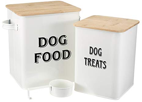 Pethiy Boîtes pour Nourriture et friandises Animaux -Conteneur Croquette Chiens -Couvercles en Bois hermétiques -Acier Carbone revêtu - 2.5KG+1.5KG Nourriture Boîtes de Rangement-Blanc