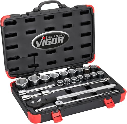VIGOR V2318N Steckschlüsselsatz 21-teilig, 3/4 Zoll Antrieb, Außen Sechskant 19–50 mm, 24 Zähne, 15° Betätigungswinkel, geeignet für manuelle Anwendungen