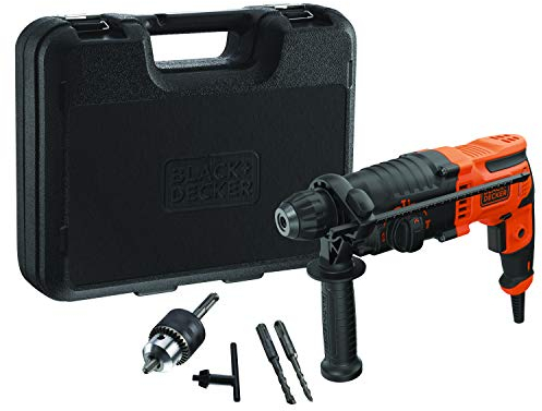 Black+Decker SDS-plus Kombihammer BEHS01K (650 Watt, 1,4 Joule, für effektives Bohren, Schlagbohren und leichte Meißelarbeiten, inkl. 2 SDS-plus Bohrer, Zahnkranzbohrfutter, Adapter, Koffer)