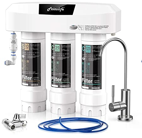 Frizzlife Under Sink Water Filter System with Brushed Nickel Faucet SP99-NEW, NSF 42&53 Certified 3-Stage 0.5 Micron Removes 99.99% Lead, Chlorine, Chloramine, Fluoride, Odor- Quick Change