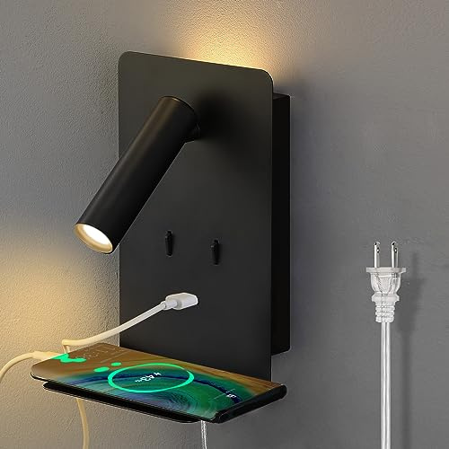 ZEROUNO Plug in Wall Sconce with Switch LED Bedside Lamp Bedroom Wall Mounted Reading Light with USB Port Wall Lighting 3000K（Black）