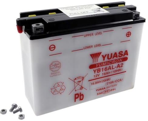 Yuasa YB16AL-A2 Dry Motorradbatterie, trocken, 12 V, 16 Ah, Maße: 205 x 71 x 164 mm, kompatibel mit Ducati ST2 1000 | Trockenbatterie ohne Säurepack, Entgasung links, Pluspol vorne rechts; Vergleichstypen 51616, GM16A-3A, CB16AL-A2, EB16AL-A2.
