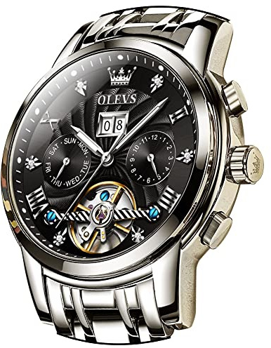 OLEVS Automatikuhr für Herren, Skelett, 5 Zeiger, mechanisch, klassisch, Mehrfachkalender, Edelstahl, wasserdicht, Armbanduhr für Herren, Silberfarben/Schwarz
