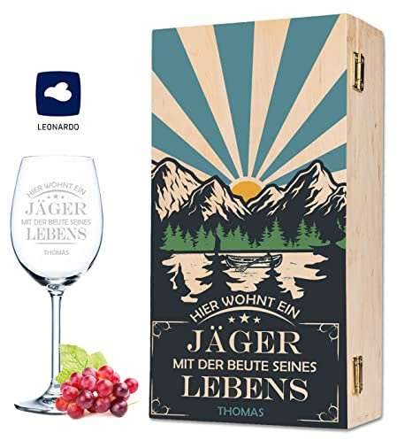 GRAVURZEILE Leonardo - Copa de vino con nombre personalizado, incluye caja de madera impresa, regalo de cumpleaños para él y ella
